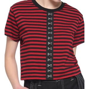 Hot Topic Red Black Striped Cropped T Shirt Womens Size LG Hook and Eye